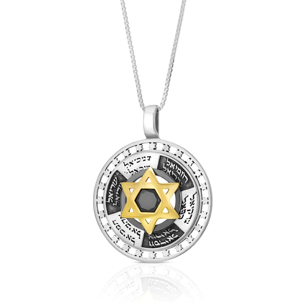 A silver pendant with gold accents depicting the Twelve Angels, adorned with an onyx gemstone.