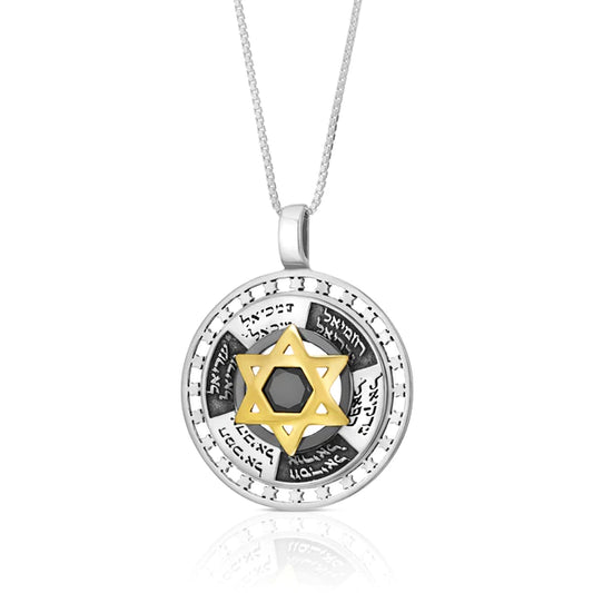 A silver pendant with gold accents depicting the Twelve Angels, adorned with an onyx gemstone.