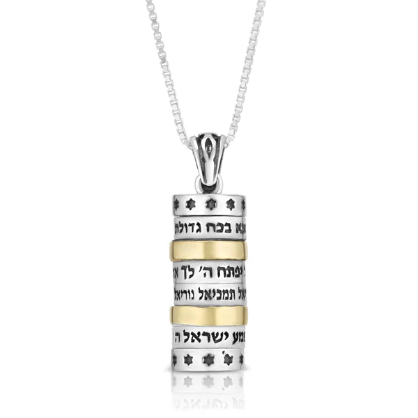 A cylindrical silver pendant with a combination of gold, featuring the Four Blessings.