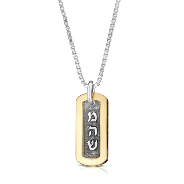 A silver pendant with a delicate gold frame in the design of a disc, featuring the engraving "M.H.S."