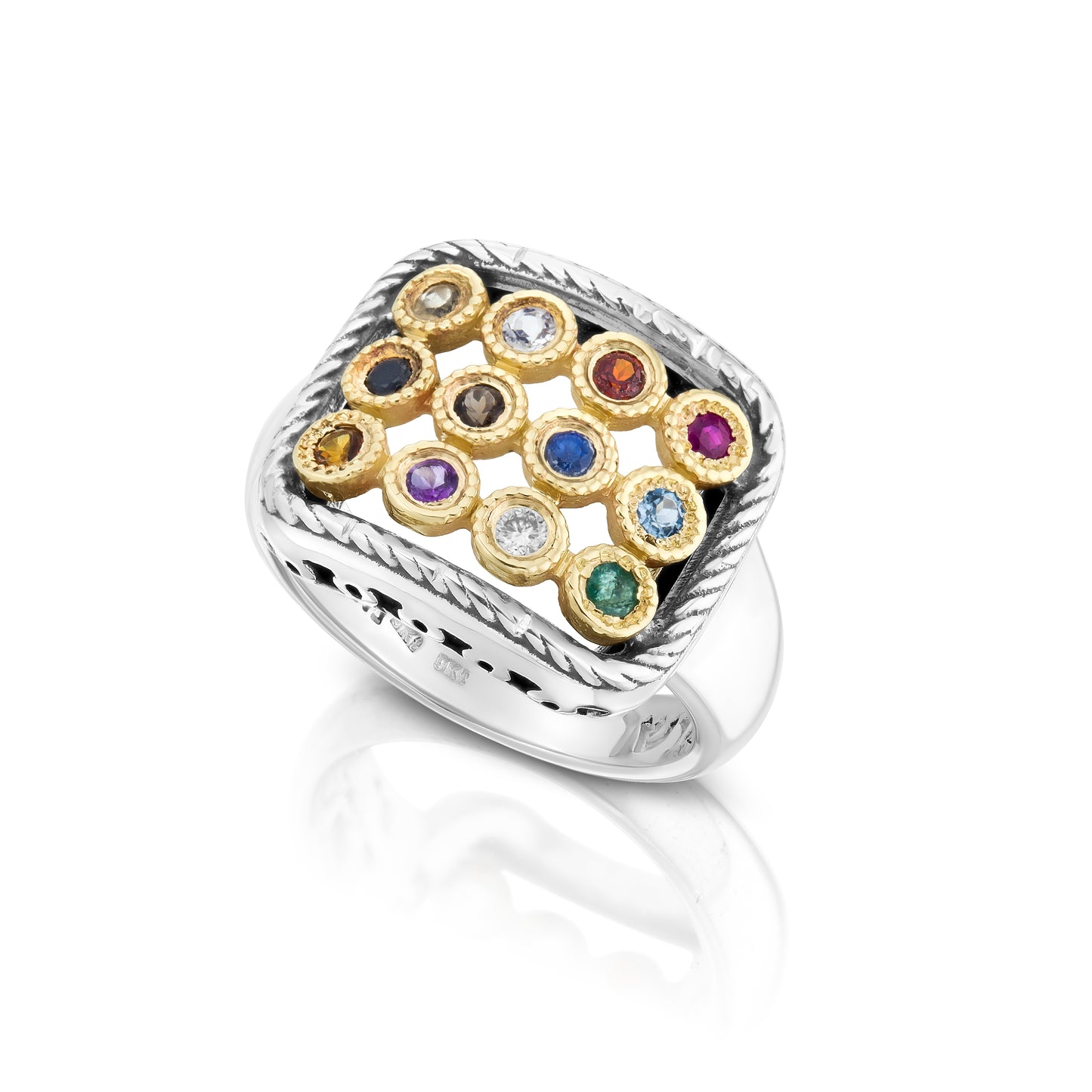 "Ring with Gemstones of the Breastplate - Silver with Gold Combination"