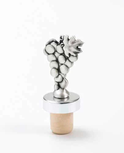 A magnificent wine stopper adorned with a cluster of grapes, coated with a silver plating.