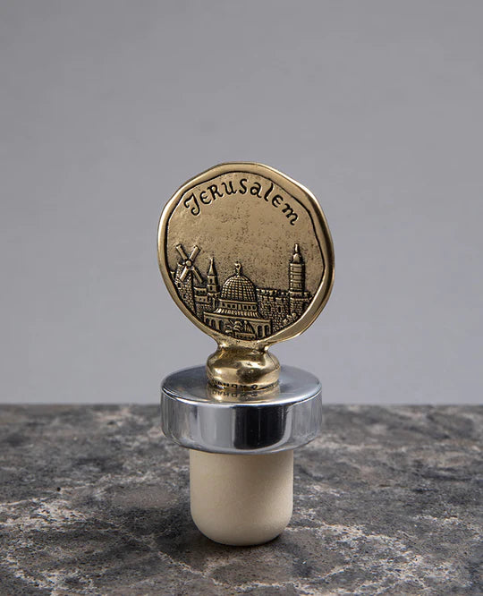 Jerusalem-themed bronze-plated bottle stopper.