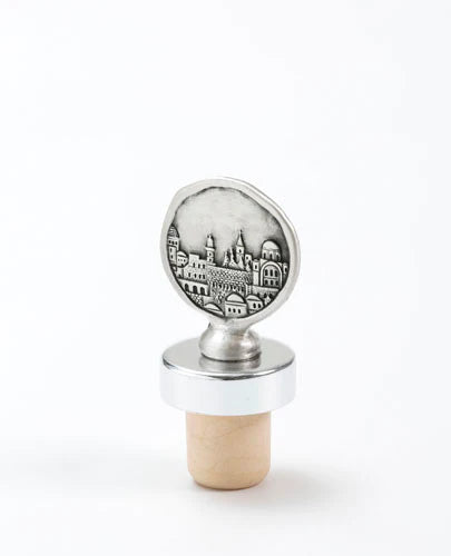 Silver-plated Jerusalem-themed bottle stopper.