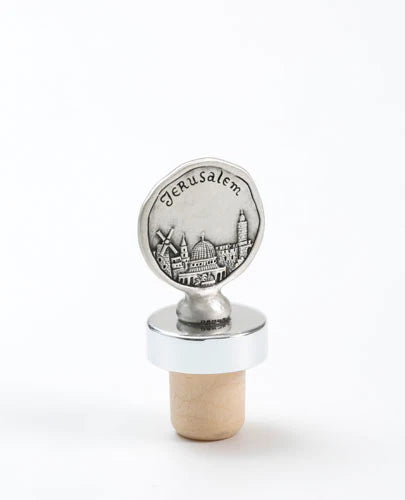 Silver-plated Jerusalem-themed bottle stopper.