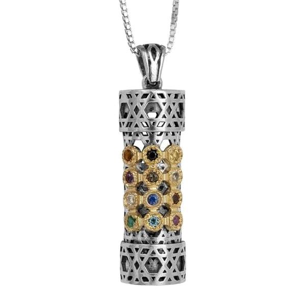 "Majestic High Priest Breastplate Pendant" in Sterling Silver with Gold Accents and a Cylinder Design.