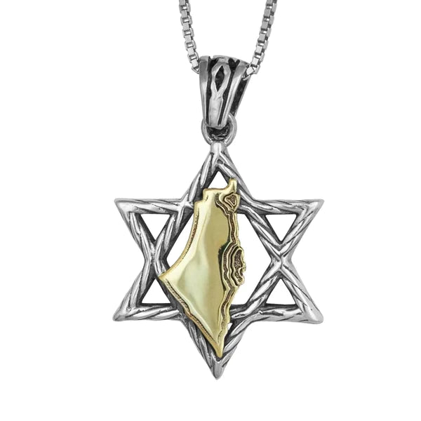 A pendant with the Star of David combined with a map of Israel in gold.